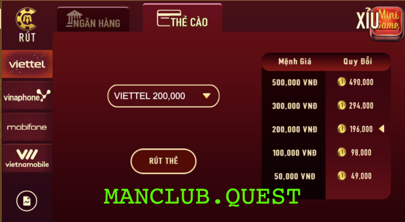 Rút tiền ManClub qua thẻ cào